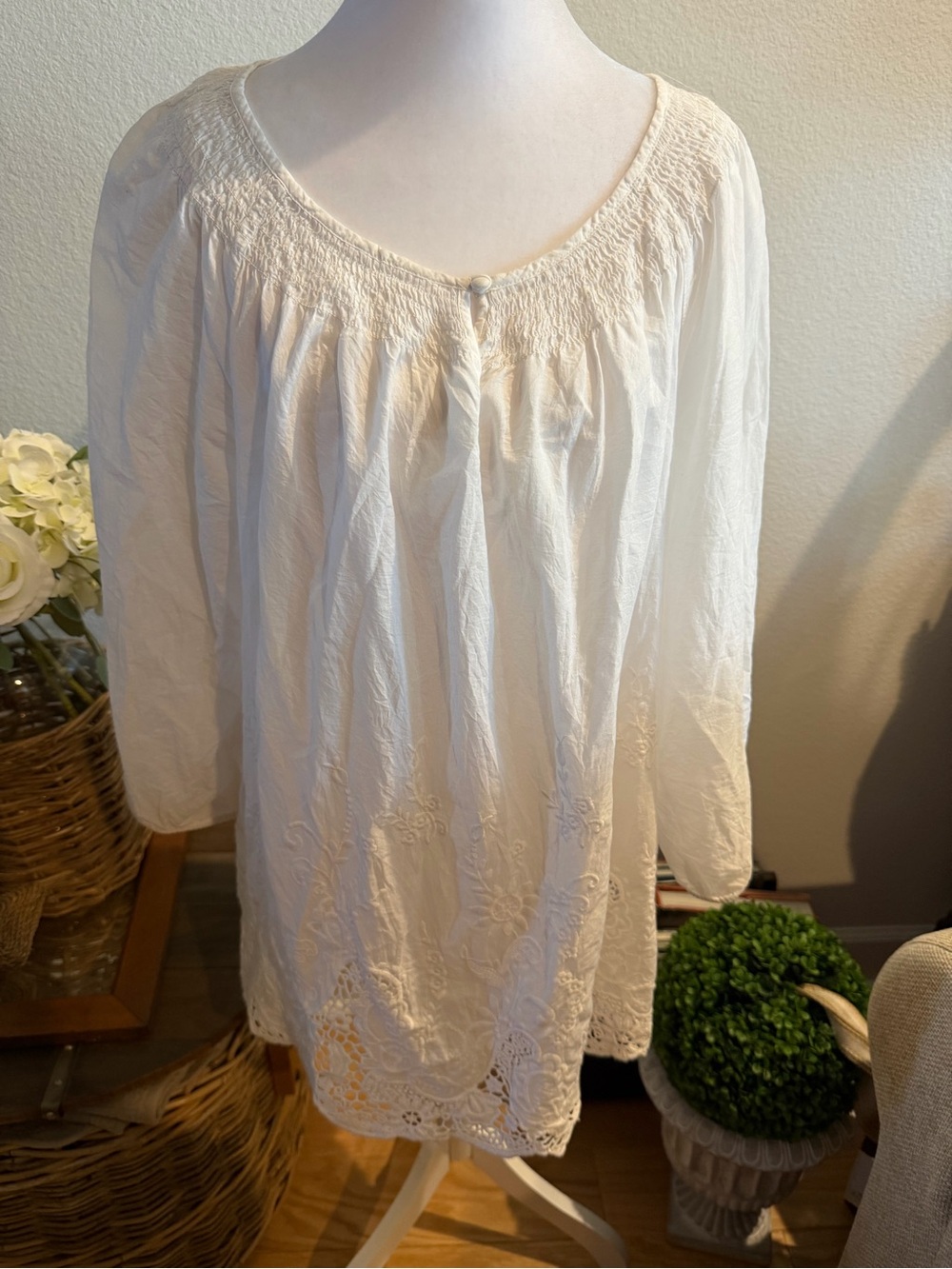Charter Club White Smocked Cotton Blouse